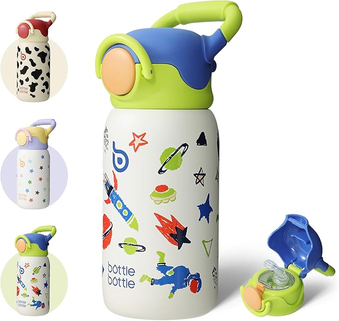 BOTTLE BOTTLE Kids Insulated Water Bottle with Straw Lid and Handle 16 oz Stainless Steel Vacuum Tumbler Water Bottles for School Outdoor Travel Gifts for Boys and Girls Astronaut - Bloomnest