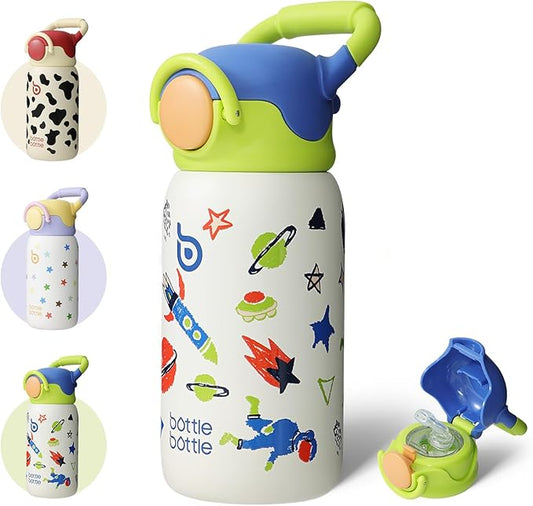 BOTTLE BOTTLE Kids Insulated Water Bottle with Straw Lid and Handle 16 oz Stainless Steel Vacuum Tumbler Water Bottles for School Outdoor Travel Gifts for Boys and Girls Astronaut - Bloomnest