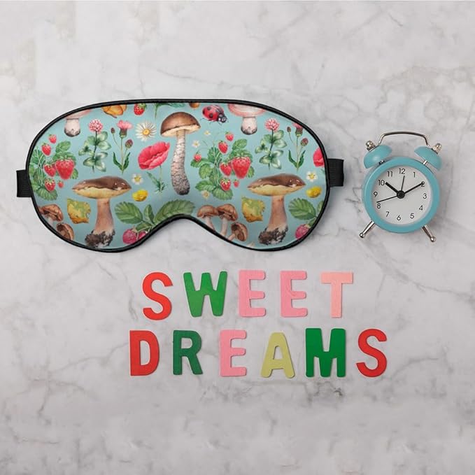 Mushrooms Silk Eye Mask Sleep Mask Summer Flowers Strawberry Butterfly Berries Eye Mask with Adjustable Strap Lightweight for Women Work Travel Night Sleep - Bloomnest