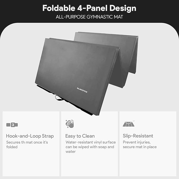 BalanceFrom 10x4 Feet 4-Panel Folding Gymnastics Mat – 2-Inch Thick Pad with Vinyl Surface and Carrying Handles for Tumbling, Yoga, Pilates, Home Workouts, and Martial Arts - Bloomnest