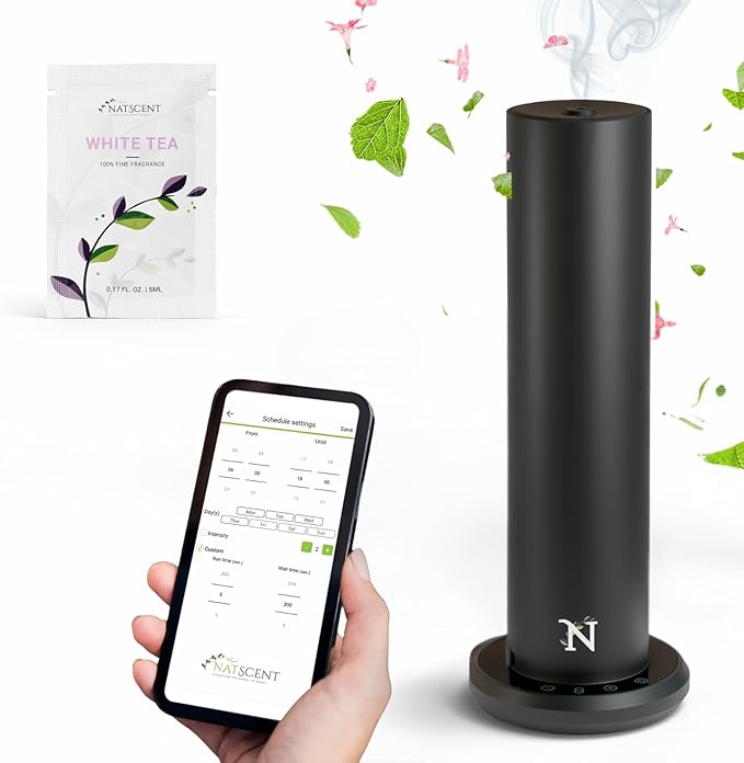 Dynamo Hotel Scent Diffuser – Cold-Air Essential Oil Diffuser for Home & Large Rooms up to 1000 sq ft, App & Manual Control, Hypoallergenic, Includes White Tea Fragrance Sample – Black - Bloomnest