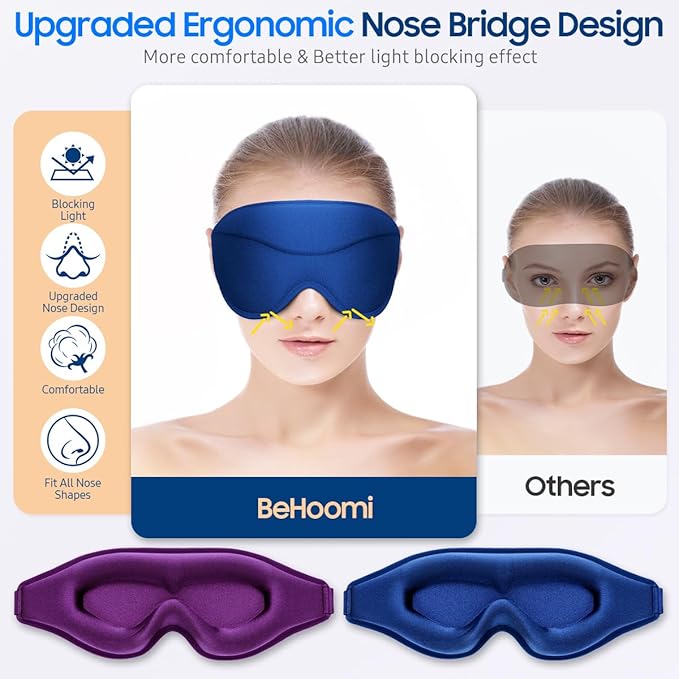 Sleep Mask, 2 Packs Premium Eye Mask for Sleeping, Total Blackout, Superior Soft Comfort, Upgraded 3D Ergonomic Designed Sleeping Mask for Home, Office, Travel, Meditation, Yoga, Blue & Purple - Bloomnest