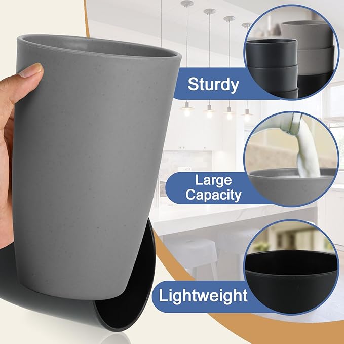 Wheat Straw Cups 20 OZ Set of 6, Unbreakable Drinking Cup Reusable, Alternative to Plastic Cups Reusable, Kitchen Water Tumblers Dishwasher and Microwave Safe (Black, Grey) - Bloomnest