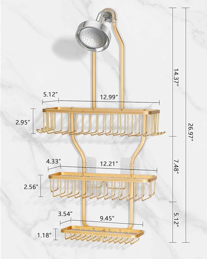 Shower Caddy Hanging - Never Rust Shower Hanging Organizer - Aluminum Over the ShowerHead Caddy with Soap Basket and 6 Razor/Sponge Hooks (Gold) - Bloomnest