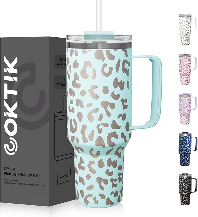 COKTIK 40 oz Tumbler With Handle and Straw Lid, Vacuum Insulated Travel Coffee Mug Stainless Steel Insulated Cup for Beverages, Leak-proof, Cupholder Friendly (Seafoam Leopard) - Bloomnest