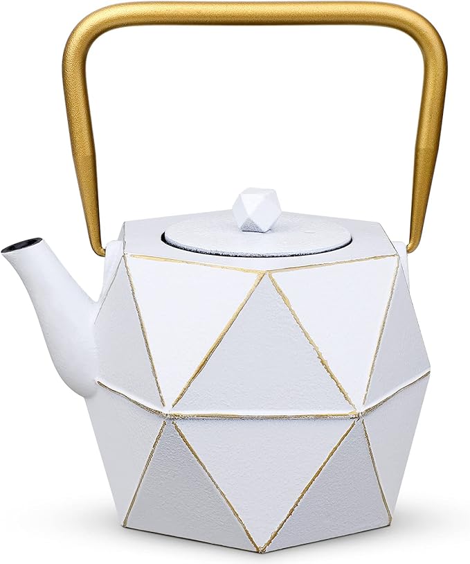 Toptier Cast Iron Teapot, Stovetop Safe Japanese Cast Iron Tea Kettle, Diamond Design Tea Pot with Removable Infuser for Loose Tea, 30 Ounce (900 ml), White - Bloomnest