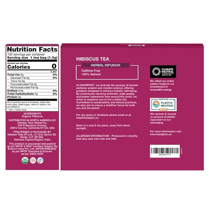 HANDPICK, Organic Hibiscus Tea Bags (100 Tea Bags) | Caffeine-Free, 100% Natural Pure Indian Hibiscus Flowers | Ayurvedic Benefits in every sip - Bloomnest