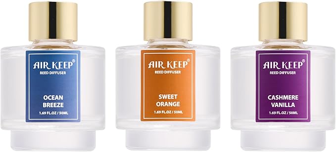 Airkeep Reed Diffuser Set of 3, Ocean Breeze Sweet Orange Cashmere Vanilla Oil Reed Diffusers for Bedroom Living Room Office Aromatherapy Oil Reed Diffuser for Gift 50ml x 3 - Bloomnest