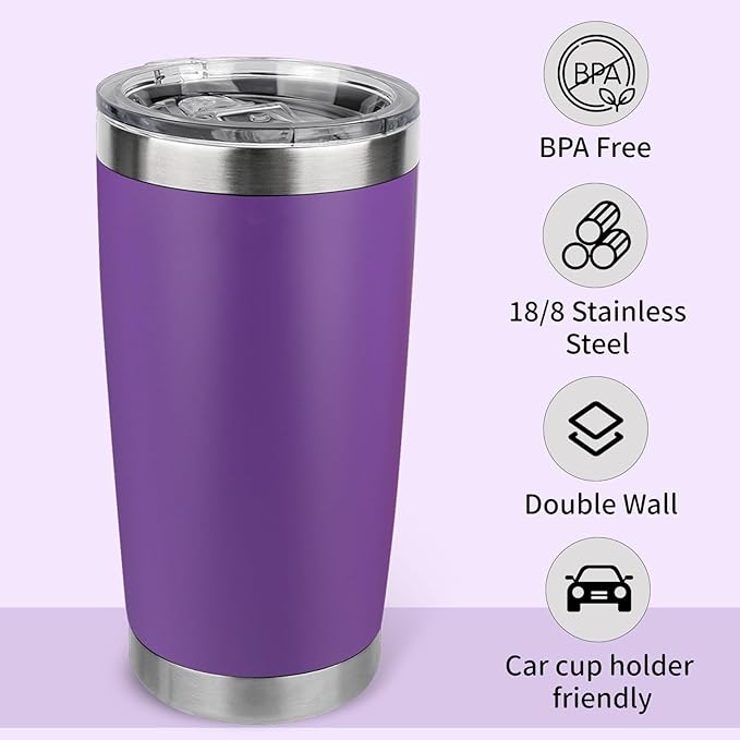 20oz Stainless Steel Tumbler with Lid, Travel Mug - Double Wall Vacuum Powder Coated Cup - Purple, 1 Pack - Bloomnest