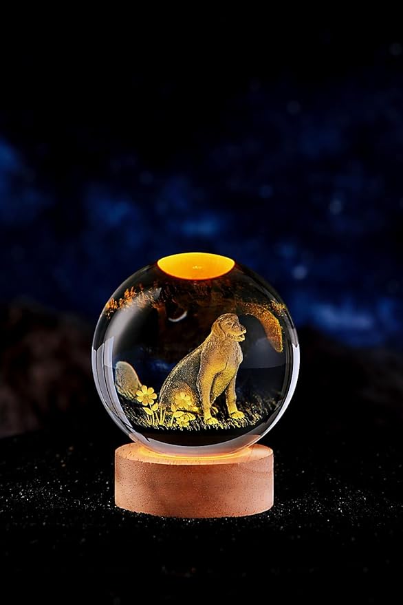 Dog Crystal Ball Lamp,3.15 inch 3D K9 Animal Crystal Ball Dog Night Light with Wooden Base, Lamp Gift for Animals Lovers,16 Colors Change with Remote Control (J) - Bloomnest
