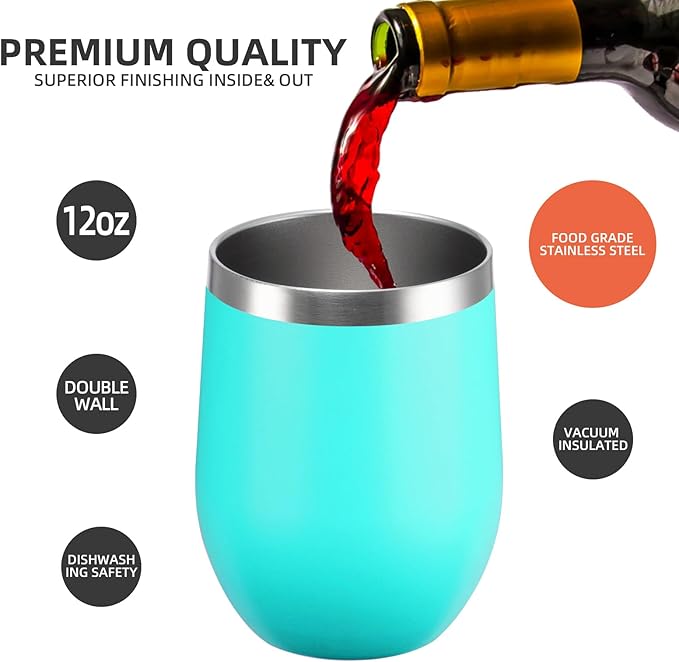 12 oz Insulated Wine Tumbler with Lid and Straw,Stainless Steel Stemless Wine Tumbler Glasses Double Wall Vacuum Wine Cups Tumbler for Coffee,Champaign,Office（Mint Green,1） - Bloomnest