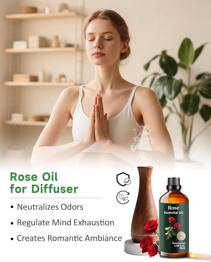 Pure Rose Essential Oil, Mumianhua Natural Rose Oil for Reed Diffuser, Air Freshener, Aromatherapy, Relaxation, Skin,Hair, Cologne, Candles Making, Evening Wellness, Romantic Atmosphere 1.69 Fl Oz - Bloomnest