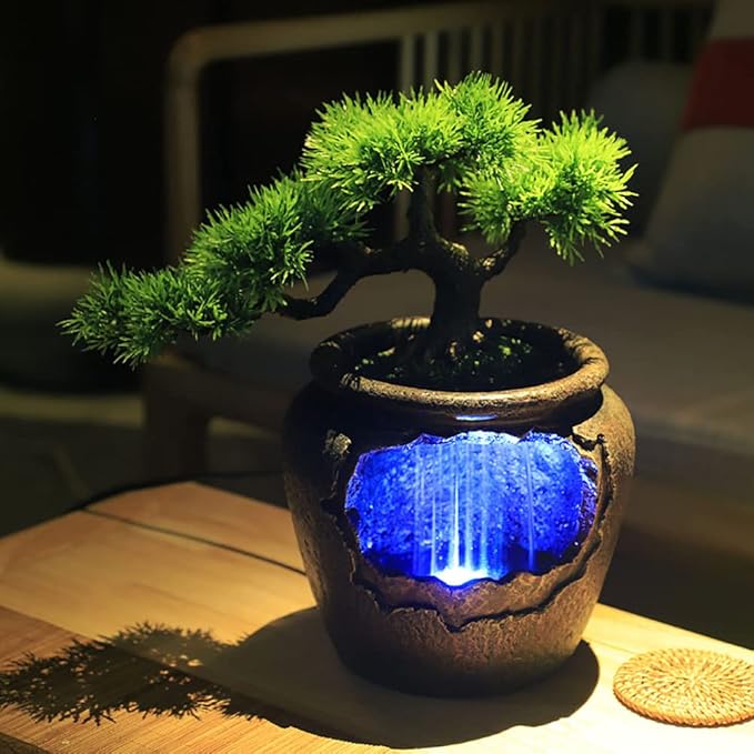 Rockery Fountain Waterfall, Resin Feng Shui with LED Lights Desktop Fountain Waterfall for Indoor Outdoor Home Office Decor - Bloomnest