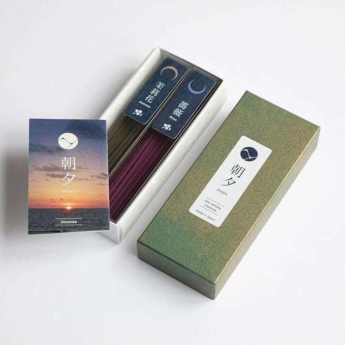 Asayu Japan Low Smoke Incense Gift Set with Incense Holder and Brass Stand, Floral Set (Jasmine & Rose) Incense Sticks with Mini Nature Aquamarine Incense Holder - Bloomnest
