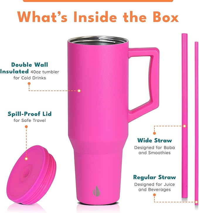 Elemental 40 oz Tumbler with Handle and Straw - Spill Proof Insulated Stainless Steel Commuter for Hot and Cold Beverages - Travel Coffee Mug with 2 Straws & Spill Proof Lid - 40oz - Hot Pink - Bloomnest