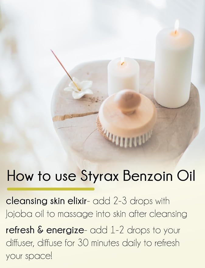 GreenHealth Styrax Benzoin Oil – 100% Pure Aromatherapy Grade – 4 fl oz – Thick Resinous Oil for Diffusers, Candles, Incense, DIY Blends – Amber Glass Bottle