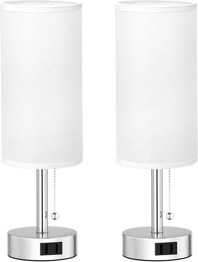 Fenmzee White Silver Bedside Table Lamps Set of 2-3 Color Temperatures Pull Chain Lamp with AC Outlet Charging Port, Two Round Night Stand Lamps for Bedroom, Small Bed Side Light with E26 LED Bulbs - Bloomnest