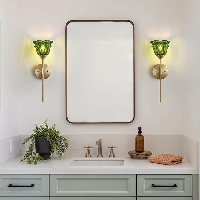 2 Pack Gold Wall Sconce with Green Glass Shades, Modern Mid Century Bathroom Vanity Wall Light Fixtures, Industrial Brushed Brass Wall Lamp, for Bedroom Mirror Living Room, ETL Listed - Bloomnest