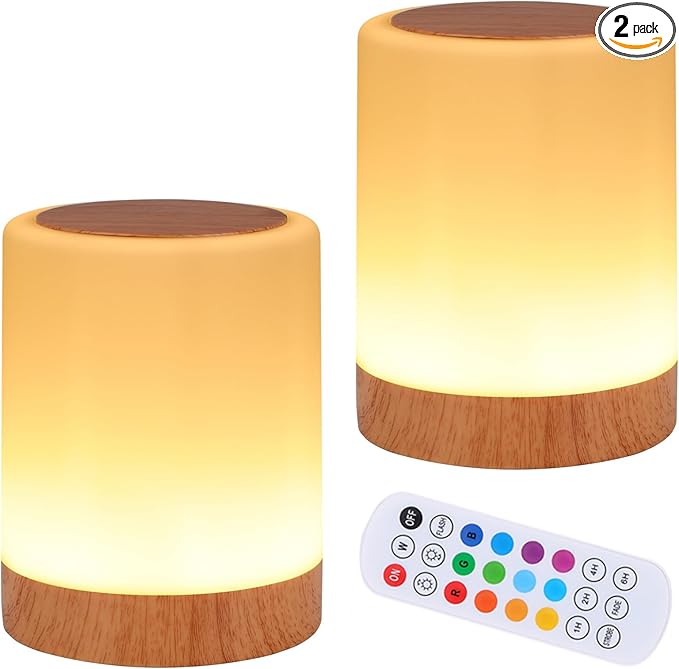 OORUN Touch Bedside Table Lamp,13 RGB Colors & 5 Brightness, USB Rechargeable Desk Lamp, Remote Control Dimmable Light with RGB Color Changing,Portable Lamp for Baby (2 Pack Brown) - Bloomnest