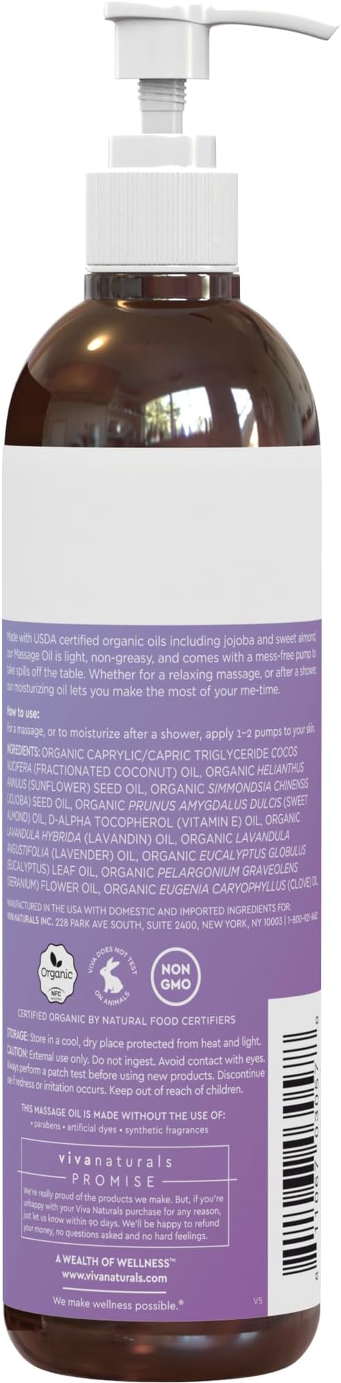 Viva Naturals Organic Massage Oil (8 fl. oz.) - Lavender Scented Non-Greasy Body Massage Oil with Mess-Free Pump, Moisturizing Massage Oils for Massage Therapy, Non-GMO and Certified Organic, 237 mL - Bloomnest