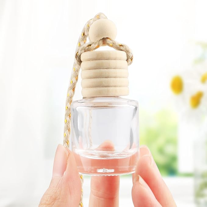 20 Pcs 8ml Hanging Car Air Freshener Diffuser,Empty Clear Glass Essential Diffuser Oil Aromatherapy Fragrance Perfume Pendant Glass Vials with Wooden Caps & Hanging String,Cylindrical - Bloomnest