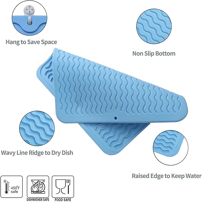 Silicone Dish Drying Mat for Multiple Usage,Easy clean,Eco-friendly,Heat-resistant Silicone Mat for Kitchen Counter or Sink,Refrigerator or Drawer liner Light Blue M 12 inches x 12 inches - Bloomnest