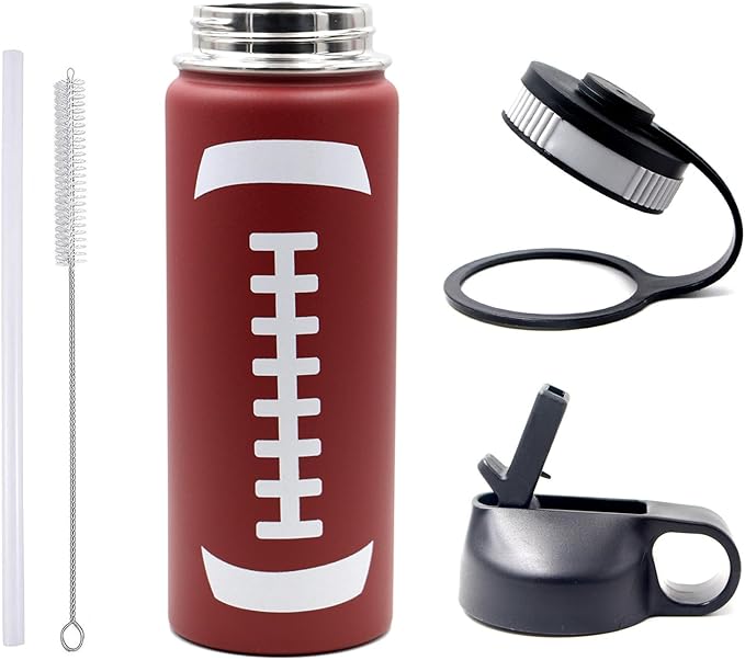 18 oz Football Water Bottle with Straw, Sports Flask Metal Travel Tumbler with 2 Lids, Stainless Steel Double Wall Vacuum Insulated Leak Proof Thermo Water Bottles, Football Gear Gifts for Boys Girls - Bloomnest