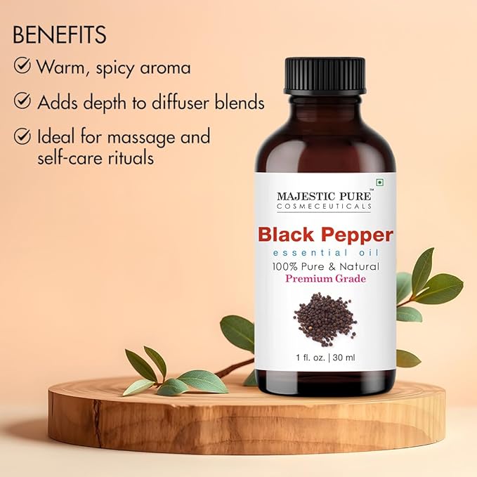 Majestic Pure Black Pepper Essential Oil with Glass Dropper - 1 Fl Oz - 100% Pure and Natural Black Pepper Oil - Premium Grade Essential Oils for Diffuser, Aromatherapy, Soap and Candle Making - Bloomnest