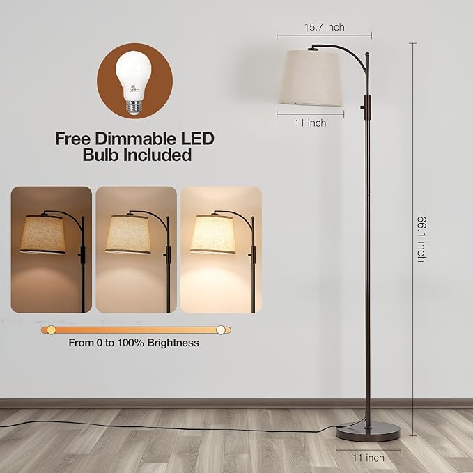 AIDENOEY Fully Dimmable Floor Lamp for Living Room，Standing Lamp Rotary Switch with Linen Beige Shade，Brown Tall Lamps for Bedroom with Adjust Head，9W LED Bulb Included - Bloomnest