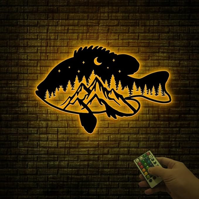 Personalized Neon Sign, Panfish Mountain Metal Wall Art Led Light, Fishing Gifts for Men, Gift for Dad, Fish and Trees Sign, Cabin Lodge Decor, Fisherman Gift - Bloomnest