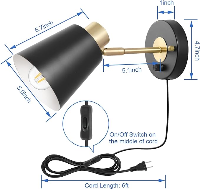Plug in Wall Sconce, Dimmable Wall Sconce Adjustable Wall Lights with Plug in Cord and Dimmer On/Off Rotary Switch, Wall Mounted Light for Bedside Bedroom Doorway(One Bulb Included) - Bloomnest