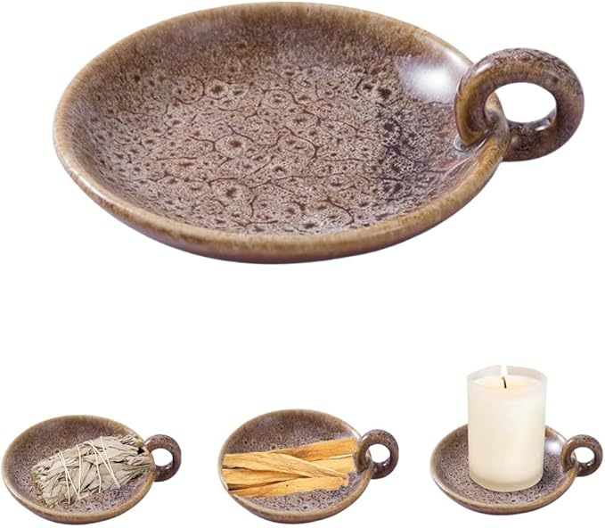 1pack Vintage Ceramic Candle Holders with Handle, Round Farmhouse Ceramic Plate Tray,Sage Holder for Burning,Incense Holder for Meditation Room Home Decor (Khaki) - Bloomnest
