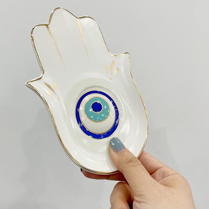 Ceramic Hamsa Hand Incense Holder - 2 in 1 Brass Incense Holder for Sticks and Coil Incense- Zen Decor with Hand of Fatima Design Protection from Evil - 6.2" L X 4.5" W (WhiteEye) - Bloomnest