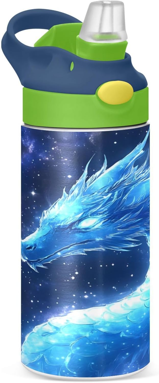 Dragon Blue Galaxy Kids Water Bottle with Straw Lid Insulated Tumbler with Handle Stainless Steel Reusable Toddlers Cup for Kids Boys 12 oz - Bloomnest