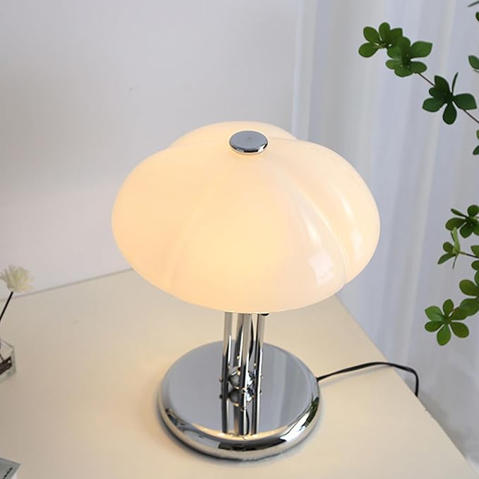 White Mushroom Table Lamp,Dimmable Glass Desk Light with Chrome Base,Bauhaus Office Light Fixture,Mid Century Modern Desk Lamp for Living Room Bedroom and Study Room - Bloomnest