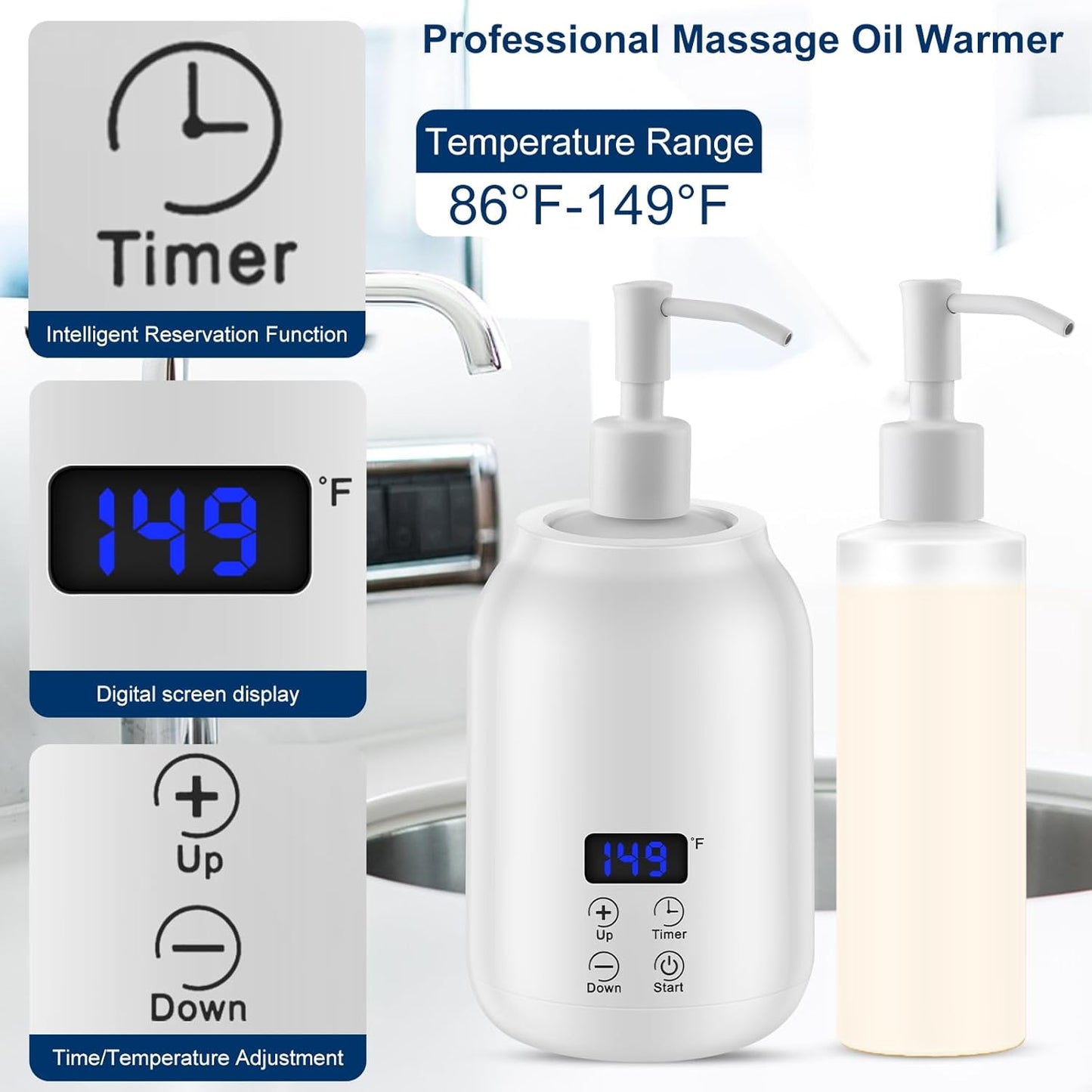 Massage Oil Heater Warmer,with ℃/℉ Switchable Display, Two Oil Dispenser Bottle，Constant Temperature,Body Oils Heater for Spa, Salon and Barber Shops,White
