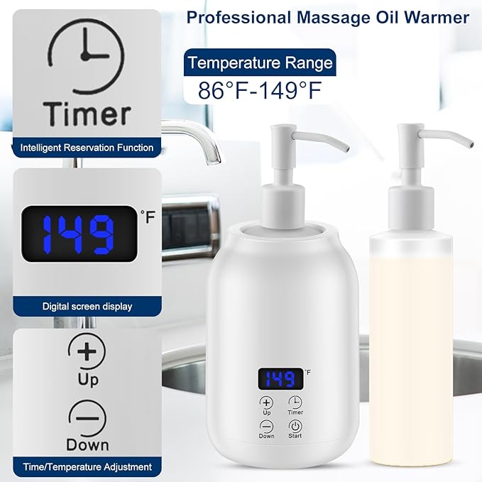 Massage Oil Heater Warmer,with ℃/℉ Switchable Display, Two Oil Dispenser Bottle，Constant Temperature,Body Oils Heater for Spa, Salon and Barber Shops,White - Bloomnest