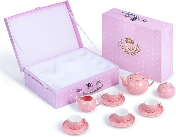 fanquare Porcelain Tea Service Set for Girls, 12Pieces Role Play Tea Sets with Box for Holiday Gifting Party, Pink and Polka Dot - Bloomnest