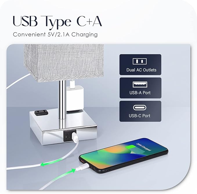 Bedside Lamp with USB Ports - Touch Control Table Lamp for Bedroom with USB C+A Charging Ports & AC Outlets, 3 Way Dimmable Nightstand Light for Living Room (LED Bulb Included, Chrome - Grey) - Bloomnest