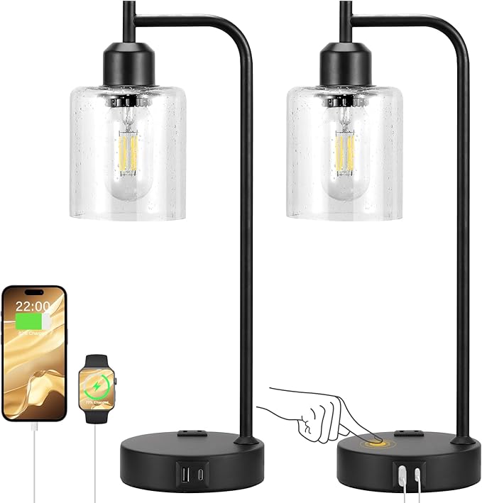 Industrial Touch Table Lamps for Bedrooms Set of 2 - 3-Way Dimmable Lamps with USB C+A Ports and Outlet, Black Bedside Lamps with Seeded Clear Glass Shade for Living Room, Desk Lamps for Home Office - Bloomnest