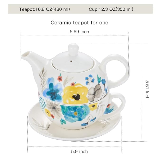 Porcelain Tea Set for One - Hand Painted Watercolor Floral Teapot and Cup, Gift for Women, Blooming Flowers - Bloomnest