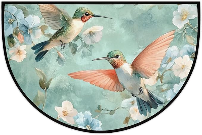 Half Round Door Mat, Teal Hummingbirds and Flowers Half Circle Rug for Home Decor Floor Indoor Outdoor Non-Slip Washable Half Moon Rug Doormat 36X24 Inch - Bloomnest