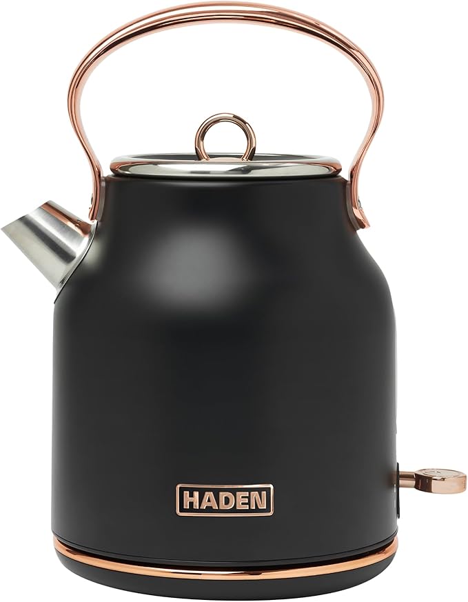 Haden Heritage 1.7 Liter Stainless Steel Electric Kettle, Hot Water Tea Kettle with 360-Degree Base and Auto Shutoff, Black & Copper - Bloomnest