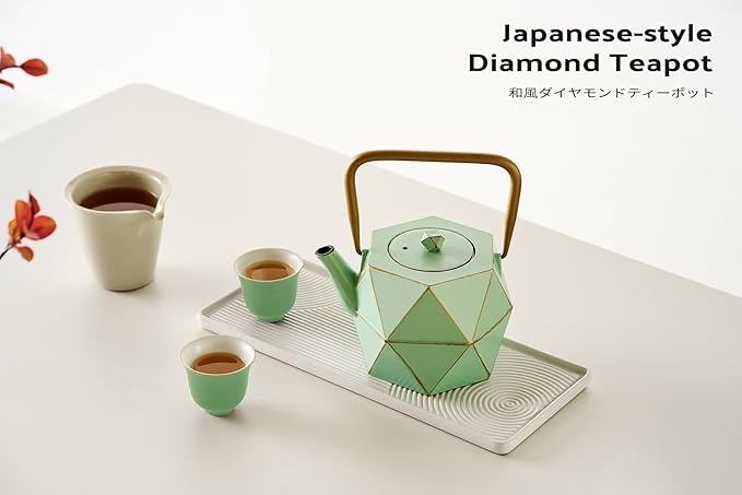 Toptier Cast Iron Teapot, Stovetop Safe Japanese Cast Iron Tea Kettle, Diamond Design Tea Pot with Removable Infuser for Loose Tea, 30 Ounce (900 ml), Light Green - Bloomnest