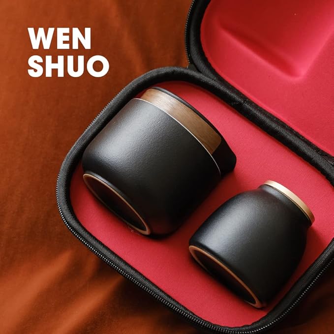 Chinese Tea Set, Ceramic Tea Cup Set, Wood Handle Tea Pot, Black Glaze, with Tea Caddy and Portable Bag