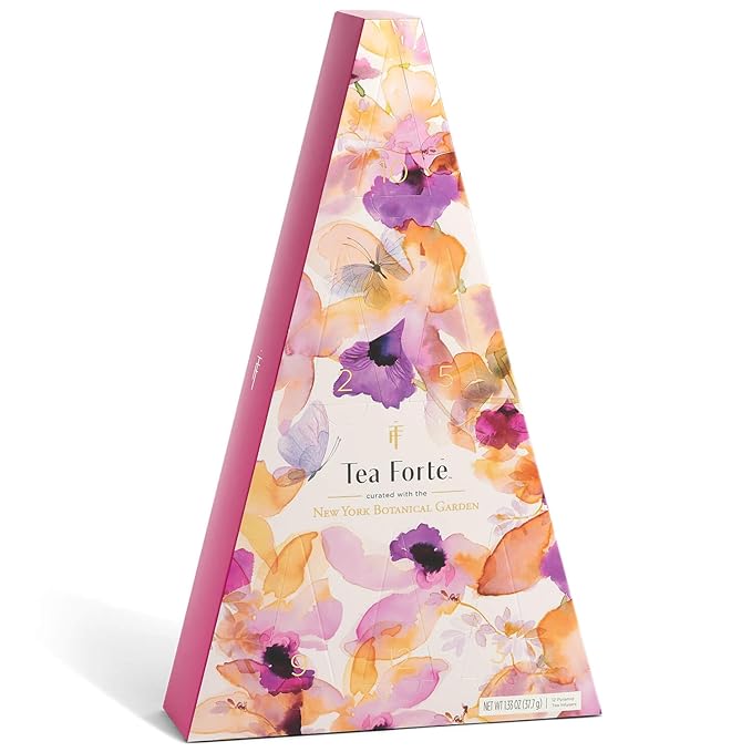 Tea Forte Tea Advent Calendar Gift Set; 12 Individually Wrapped Handcrafted Assorted Pyramid Infuser Tea Bags with Numbered Doors, Mariposa - Bloomnest