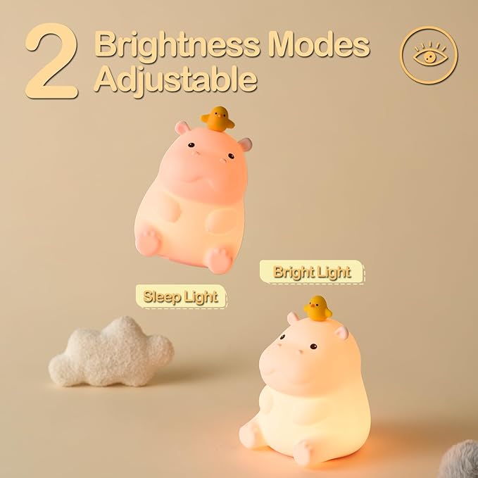 ATSUI Hippo Night Light, LED Squishy Novelty Animal Lamp, Food Grade Silicone, 2 Level Dimmable, Nursery Nightlight for Desk Decor, Funny Gifts Stuff for Boys Girls Baby, White Elephant Gifts - Bloomnest