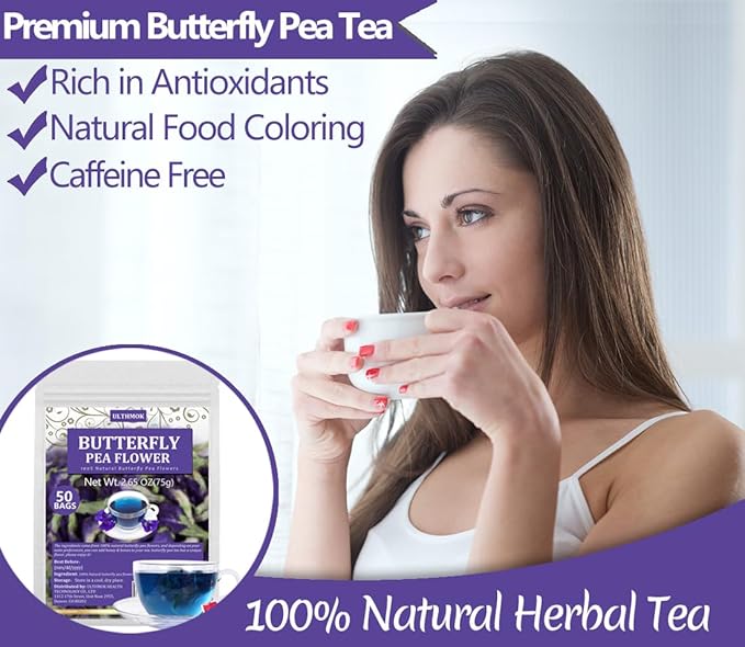 50 Premium Butterfly Pea Flower Tea Bags, Made with 100% Natural Butterfly Pea Flowers, No Additives & Caffeine Free. - Bloomnest