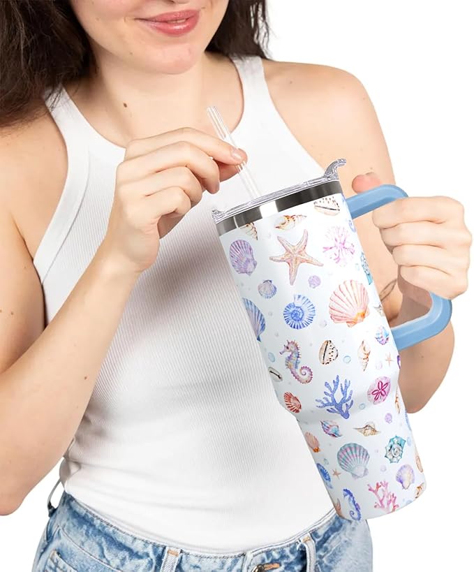 Ceovfoi 40 Oz Rainbow Seashells Tumbler with Handle Lid and Straw,Watercolor Ocean Cup,Water Bottle,Travel Coffee Mug,Hawaiian Rainbow Seashells Decor,Accessorie - Bloomnest