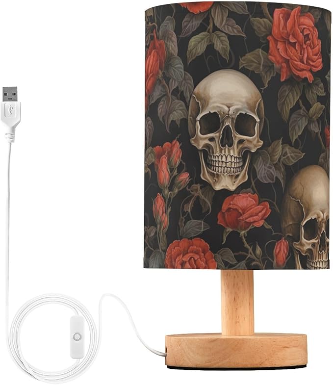 Bedside Lamp Skull Gothic Red Rose Flower Table Lamp with USB Port Wood Base for Living - Bloomnest